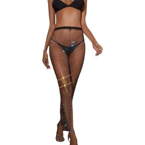 Women Sexy Crystal Rhinestone Mesh Pants Hollow Out Fishnet Leggings Rave Party Festival Club Trousers Beach Cover Up