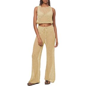 Pink Queen Women's Swimsuit Cover Up Set 2 Pieces Crochet Sleeveless Crop Top Wide Leg Long Pants Beach Coverups