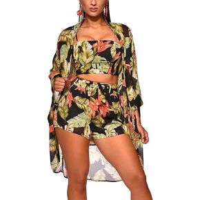 KEYUFANG Women 3 Piece Outfits Set Floral Kimono Cardigans Cover Up Off Shoulder Crop Cami Top Short Suits