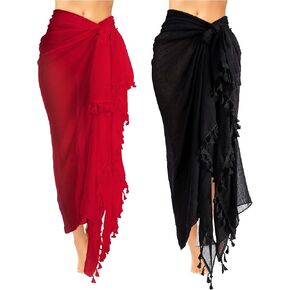 2 Pieces Women Beach Batik Long Sarong Swimsuit Cover up Wrap Pareo with Tassel for Women Girls