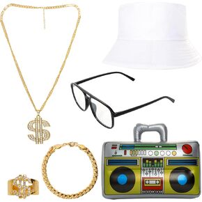80s 90s Hip Hop Costume Kit Rapper Accessories Outfits Bucket Hat Radio Fake Gold Money Chain Ring Bracelets for DJ Punk