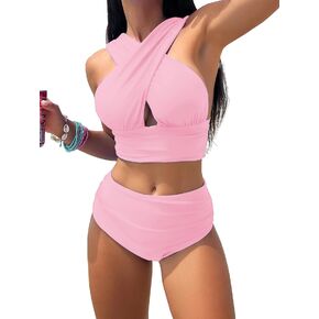 Lilosy Criss Cross Cutout Bikini Ruched High Waisted Tummy Control Swimsuit Set 2 Piece in Saudi Arabia