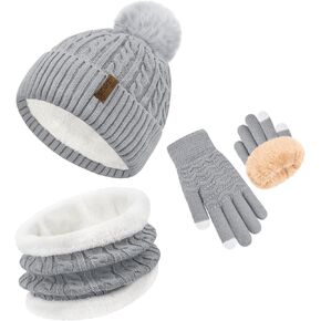 3Pcs Winter Beanie Hat Scarf Gloves Set for Women Warm Knit Fleece Lined Skull Cap Neck Warmer Touch Screen Gloves Gifts