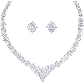 Jorsnovs Silver Teardrop Jewelry Sets for Women Cubic Zirconia Necklace and Stud Earrings Set Daily Accessories