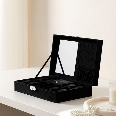 صندوق مجوهرات منظم للساعات من بيست ويشز 8 فتحات لتخزين الساعات وعرض المجوهرات مع مرآة (اسود) in Kuwait