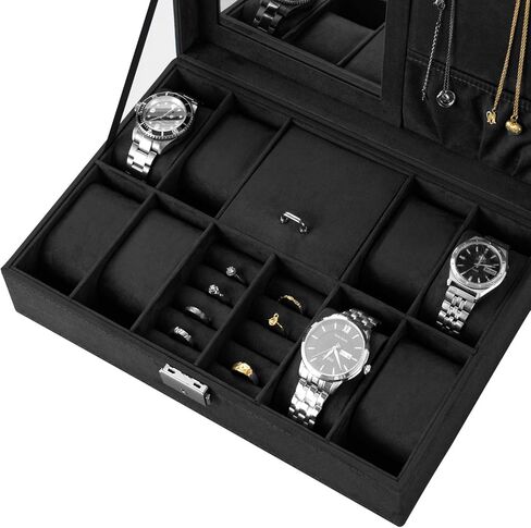 صندوق مجوهرات منظم للساعات من بيست ويشز 8 فتحات لتخزين الساعات وعرض المجوهرات مع مرآة (اسود) in Kuwait