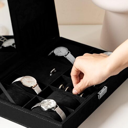 صندوق مجوهرات منظم للساعات من بيست ويشز 8 فتحات لتخزين الساعات وعرض المجوهرات مع مرآة (اسود) in Kuwait