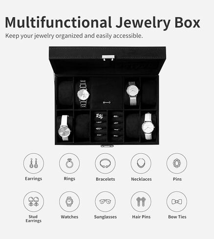 صندوق مجوهرات منظم للساعات من بيست ويشز 8 فتحات لتخزين الساعات وعرض المجوهرات مع مرآة (اسود) in Kuwait