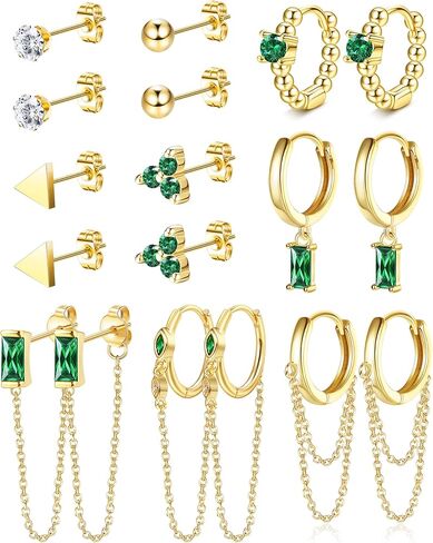LOLIAS 9Pairs 14K Real Gold Plated Hoop Studs Earrings Set for Women Trendy Minimalist Small Hoop Chain Earrings Green Earrings Sets for Multiple Piercing in Kuwait
