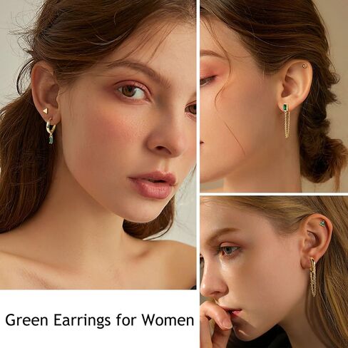 LOLIAS 9Pairs 14K Real Gold Plated Hoop Studs Earrings Set for Women Trendy Minimalist Small Hoop Chain Earrings Green Earrings Sets for Multiple Piercing in Kuwait