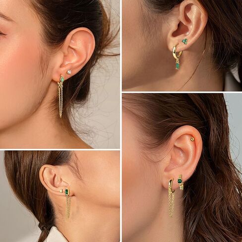 LOLIAS 9Pairs 14K Real Gold Plated Hoop Studs Earrings Set for Women Trendy Minimalist Small Hoop Chain Earrings Green Earrings Sets for Multiple Piercing in Kuwait