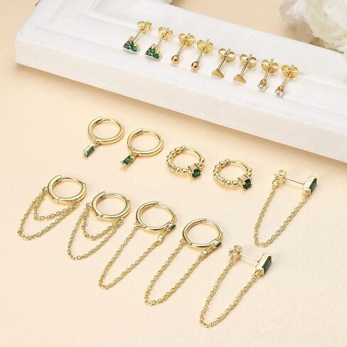 LOLIAS 9Pairs 14K Real Gold Plated Hoop Studs Earrings Set for Women Trendy Minimalist Small Hoop Chain Earrings Green Earrings Sets for Multiple Piercing in Kuwait