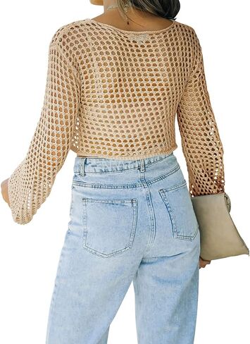 Womens Fishnet Crochet Crop Top Sexy Long Sleeve See Through Hollow Out Mesh Bikini Cover Ups in Saudi Arabia