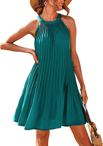 PRETTYGARDEN Womens Summer Dresses 2024 Cute Halter Neck Sleeveless Mini Dress Solid Color Flowy Pleated Beach Dress Sundress in Saudi Arabia