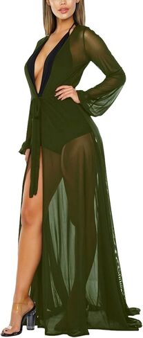 Women's Sexy Thin Mesh Long Sleeve Tie Front Swimsuit Swim Beach Maxi Cover Up Dress in Kuwait