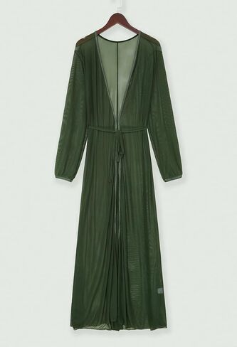 Women's Sexy Thin Mesh Long Sleeve Tie Front Swimsuit Swim Beach Maxi Cover Up Dress in Kuwait