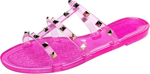 Women Flats Sandals, Studded Jelly Shoes Size 9 Red Dressy Summer Beach Rivets Strappy Jellies Slide Slip On Open Toes in Saudi Arabia