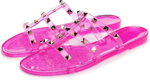 Women Flats Sandals, Studded Jelly Shoes Size 9 Red Dressy Summer Beach Rivets Strappy Jellies Slide Slip On Open Toes in Saudi Arabia