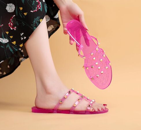 Women Flats Sandals, Studded Jelly Shoes Size 9 Red Dressy Summer Beach Rivets Strappy Jellies Slide Slip On Open Toes in Saudi Arabia