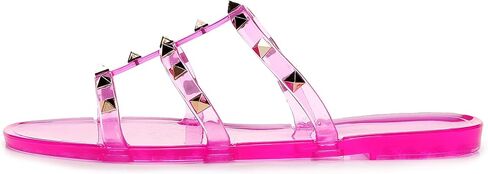 Women Flats Sandals, Studded Jelly Shoes Size 9 Red Dressy Summer Beach Rivets Strappy Jellies Slide Slip On Open Toes in Saudi Arabia