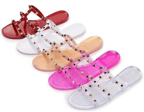 Women Flats Sandals, Studded Jelly Shoes Size 9 Red Dressy Summer Beach Rivets Strappy Jellies Slide Slip On Open Toes in Saudi Arabia