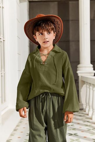 Bbalizko Boys Medieval Pirate Shirt Kids Renaissance Lace up Halloween Scottish Jacobite Ghillie Costume Tops in Kuwait