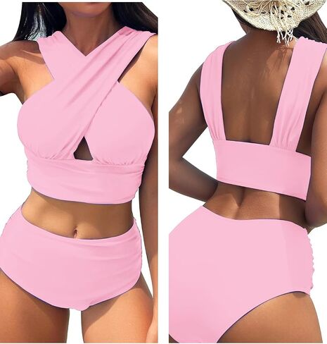 طقم ملابس سباحة بكيني مكشكش بخصر عالٍ للتحكم في البطن من قطعتين من Lilosy Criss Cross Cutout in Saudi Arabia