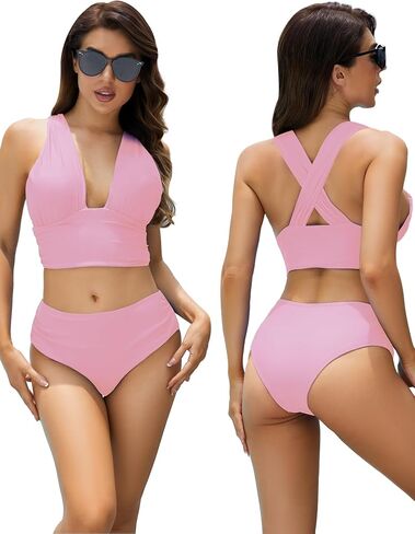 طقم ملابس سباحة بكيني مكشكش بخصر عالٍ للتحكم في البطن من قطعتين من Lilosy Criss Cross Cutout in Saudi Arabia