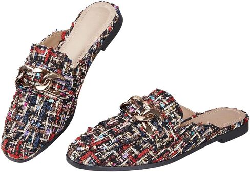Cossansan Mules for Women Flats Metal Chain Closed Toe Slip On Loafers Comfortable Backless Slides Shoes in Kuwait
