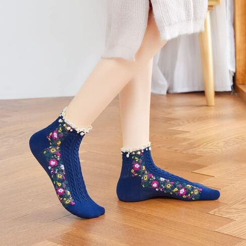 5 ازواج من الجوارب النسائية المبتكرة المزينة باللؤلؤ من ريكيس، جوارب ناعمة بنمط عرقي جمالي عتيق للبنات، جوارب بطول الكاحل قابلة للتمدد مقاس 5-9، متعددة الالوان, متعدد الألوان in Kuwait