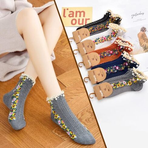 5 ازواج من الجوارب النسائية المبتكرة المزينة باللؤلؤ من ريكيس، جوارب ناعمة بنمط عرقي جمالي عتيق للبنات، جوارب بطول الكاحل قابلة للتمدد مقاس 5-9، متعددة الالوان, متعدد الألوان in Kuwait