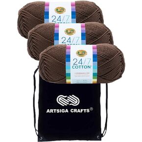 Lion Brand 24/7 Cotton Silver 761-149 (3-Skeins - Same Dye Lot) Worsted Medium #4 Cotton Yarn for Crocheting and Knitting with Project Bag