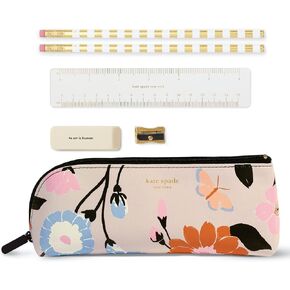 Kate Spade New York Pen and Pencil Case with School Supplies, Zip Pouch Includes 2 Pencils, Sharpener, Eraser, and Ruler, Polka Dots (Black/White)
