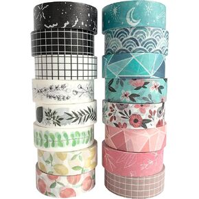 Carousel Greetings Washi Tape Set - 16 Rolls of 15 mm Wide Decorative Colored Tape for Scrapbooking, Bullet Journals, Planners, DIY Decor & Craft Supplies