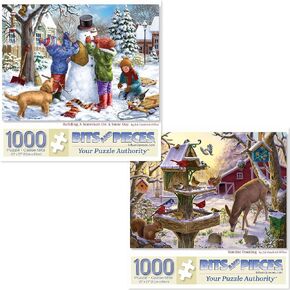 Bits and Pieces - Value Set of Two (2) 1000 Piece Jigsaw Puzzles for Adults - Each Puzzle Measures 20" x 27" - 1000 pc Snowman Snow Day, Sunrise Feasting Winter Jigsaws by Artist Liz Goodrick-Dillon in Kuwait