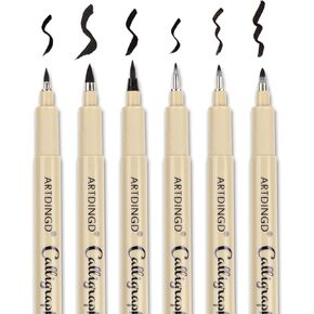 ARTDINGD Calligraphy Brush Pens, Hand Lettering Pens, Pack of 6 Brush Markers Set, Soft and Hard Tip for Beginners Writing, Art Drawings, Water Color Illustrations, Journaling, Black Ink in Kuwait