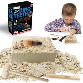 ArtCreativity Dino Teeth Dig and Discover Excavation Kit for Kids, includes Alberlosaurus and Carcharodolosaurus Toy Fossil Teeth with 2 Digging Tools, Interactive Dinosaur Gifts for Boys and Girls