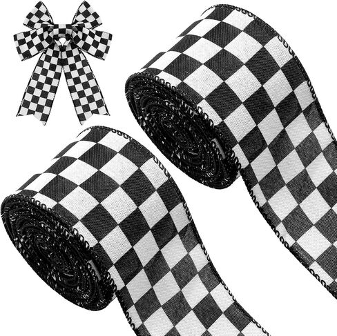 2 Rolls 2.5 Inch x 10 Yards White Checkered Ribbon Black and White Gingham Ribbons Buffalo Plaid Wired Edge Ribbon for Christmas Crafts Decorations Gift Wrapping in Saudi Arabia