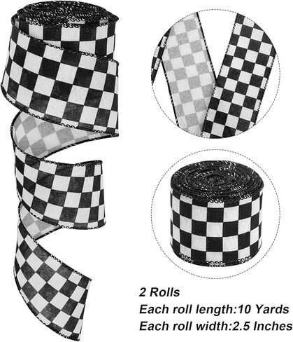 2 Rolls 2.5 Inch x 10 Yards White Checkered Ribbon Black and White Gingham Ribbons Buffalo Plaid Wired Edge Ribbon for Christmas Crafts Decorations Gift Wrapping in Saudi Arabia