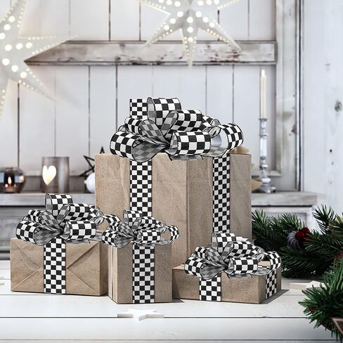 2 Rolls 2.5 Inch x 10 Yards White Checkered Ribbon Black and White Gingham Ribbons Buffalo Plaid Wired Edge Ribbon for Christmas Crafts Decorations Gift Wrapping in Saudi Arabia
