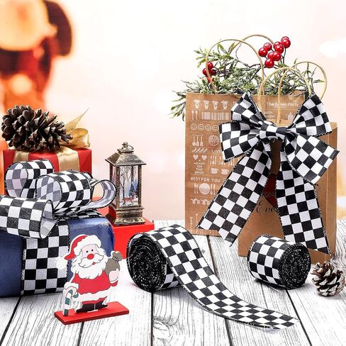 2 Rolls 2.5 Inch x 10 Yards White Checkered Ribbon Black and White Gingham Ribbons Buffalo Plaid Wired Edge Ribbon for Christmas Crafts Decorations Gift Wrapping in Saudi Arabia