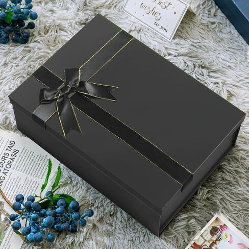 Giftilious Black Gift Boxes with Lids for Presents 13"x10"x5" Large Gift Boxes, Black Boxes for Gifts, Sturdy Gift Boxes with Ribbon for Christmas, Valentines Day, Birthdays, Groomsmen Proposal,etc in Saudi Arabia