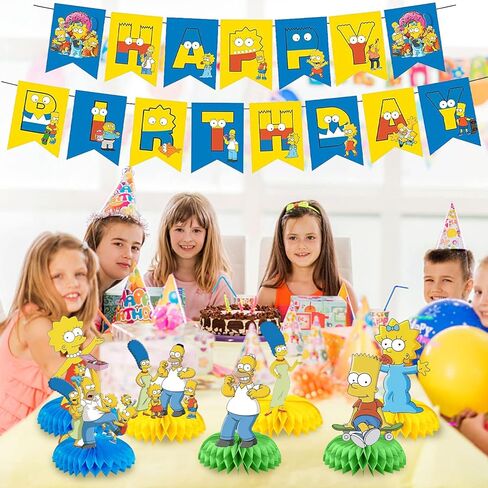 7 قطع موضوع عائلة سمبسون خلية النحل سطح الطاولات، أعلى كعكة ثلاثية الأبعاد ذات الجانبين، طاولة سمبسون المركزية تزيين الطاولة لأسرة سمبسون لمستلزمات الحفلات in Kuwait