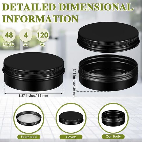 48 قطعة من علب الألومنيوم المستديرة من بيلوبي بوزن 118 مل مع أغطية لولبية، علب بلسم الشفاه المعدنية الفارغة لتخزين عبوات القصدير لتوابل الحلوى والمجوهرات ومستلزمات السفر (أسود) in Kuwait