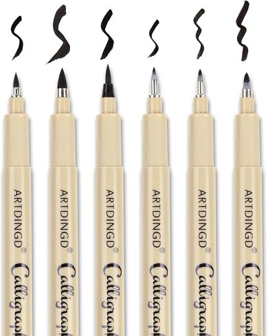 ARTDINGD Calligraphy Brush Pens, Hand Lettering Pens, Pack of 6 Brush Markers Set, Soft and Hard Tip for Beginners Writing, Art Drawings, Water Color Illustrations, Journaling, Black Ink in Kuwait