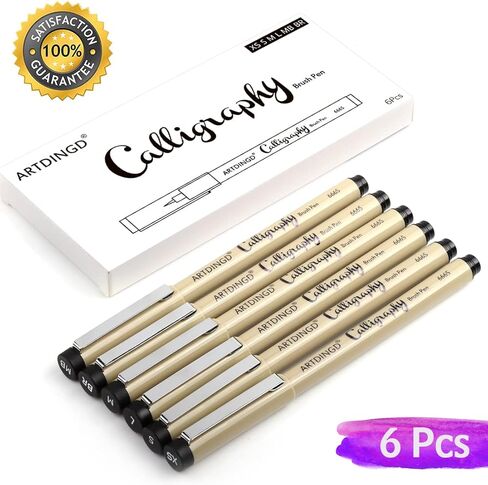 ARTDINGD Calligraphy Brush Pens, Hand Lettering Pens, Pack of 6 Brush Markers Set, Soft and Hard Tip for Beginners Writing, Art Drawings, Water Color Illustrations, Journaling, Black Ink in Kuwait