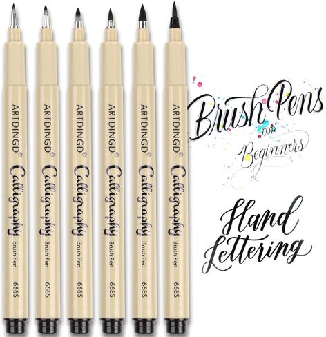 ARTDINGD Calligraphy Brush Pens, Hand Lettering Pens, Pack of 6 Brush Markers Set, Soft and Hard Tip for Beginners Writing, Art Drawings, Water Color Illustrations, Journaling, Black Ink in Kuwait