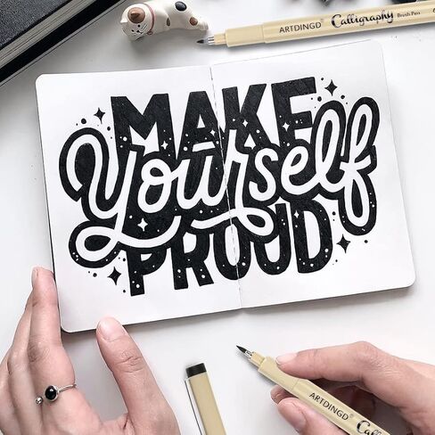 ARTDINGD Calligraphy Brush Pens, Hand Lettering Pens, Pack of 6 Brush Markers Set, Soft and Hard Tip for Beginners Writing, Art Drawings, Water Color Illustrations, Journaling, Black Ink in Kuwait