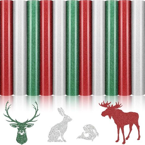 11 Sheets Christmas Heat Transfer Vinyl Glitter Heat Transfer Vinyl 3 Assorted HTV Iron on Vinyl Bundle for Fabrics T-Shirts, Christmas Clothes, 12 x 10 Inch, Red, Silver, Green in Saudi Arabia