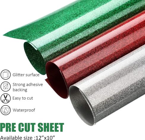 11 Sheets Christmas Heat Transfer Vinyl Glitter Heat Transfer Vinyl 3 Assorted HTV Iron on Vinyl Bundle for Fabrics T-Shirts, Christmas Clothes, 12 x 10 Inch, Red, Silver, Green in Saudi Arabia